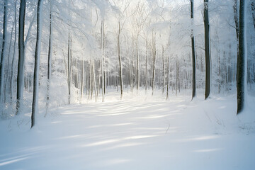 Obraz premium A dense forest blanketed in thick snow. The early morning light filters through the trees, casting a pale golden hue across the pristine snow. Frost clings to branches, and animal tracks