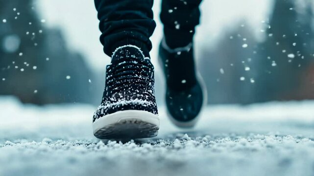Close-up of a person running through snow, capturing winter activity and outdoor adventure concepts
