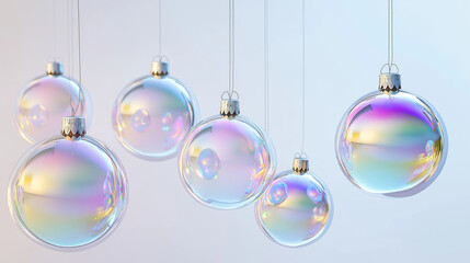 Iridescent glass Christmas ornaments hanging against soft background