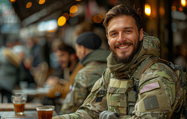 Fototapeta premium military personnel in a hipster coffee shop drinking coffee. sunny day