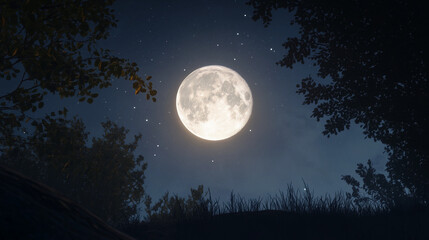 Full moon glowing brightly in a starry night sky framed by trees