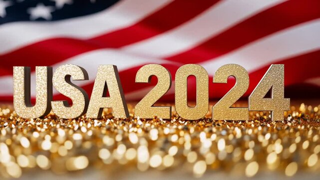 Golden USA 2024 against an American flag backdrop, symbolizing elections and national celebrations