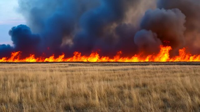 Raging wildfire engulfs dry grassland with thick smoke, symbolizing climate change and environmental crisis