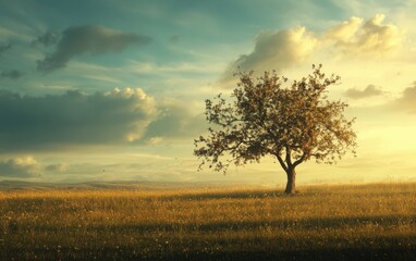 Obraz premium Tree in the field with clouds