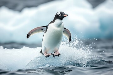 Obraz premium Penguin Diving From an Iceberg Into Icy Waters in a Polar Region During Daytime