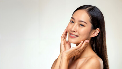 A pretty woman perfect for modelling beauty products. Her hand is placed on her fresh, clean face emphasising her healthy skin