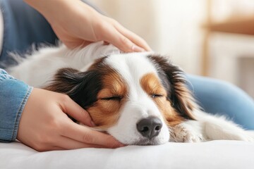 Fototapeta premium A Person Gently Pets a Relaxed Dog in a Cozy Indoor Setting During a Calm Afternoon