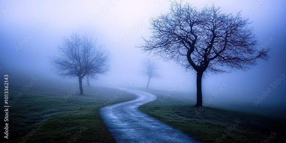 Poster A foggy forest with a path leading through it