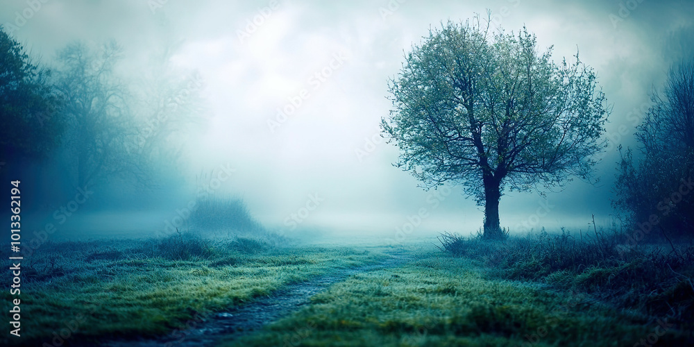 Poster A tree stands in a field of grass with fog in the background