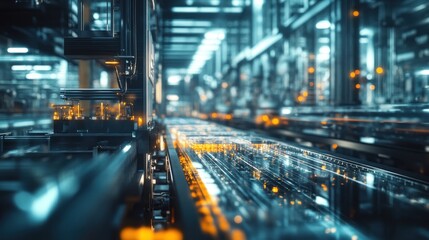 Futuristic industrial scene with glowing elements and intricate machinery.