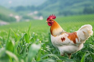 A Rooster Stands Proudly Among the Corn Plants in a Sunny Rural Field During Midday