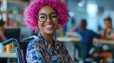 Inclusive happy smiling black African American disabled office LGBTQ+ queer female wheelchair bound colleague, pink lesbian afro hair, bright diverse deib positive workplace, candid afro american