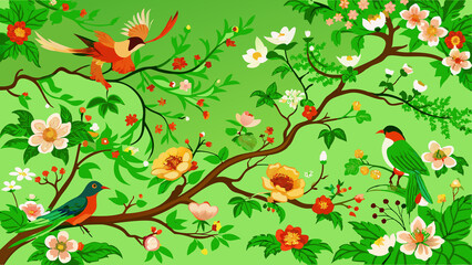 floral pattern, birds and blossoms