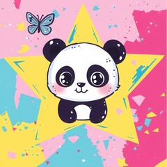 Fototapeta premium Illustrate a cheeky, chibi panda with big, playful eyes inside a star-shaped frame. 