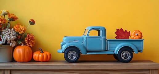 Blue toy truck with pumpkins and leaves on a yellow background.