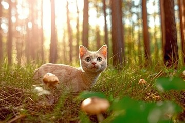 A Scottish Cat Curiously Explores a Sunlit Forest, Surrounded by Grass and Mushrooms