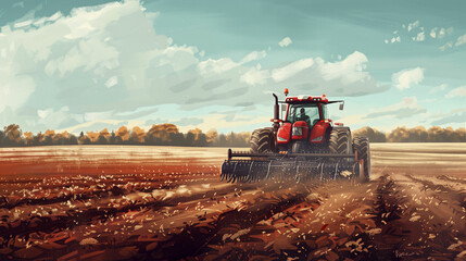 Fototapeta premium A vibrant red tractor cultivates fertile soil under a bright sky, showcasing the heart of autumn farming in rural landscapes