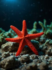 A bright red starfish under aquarium lights on rocky substrate.