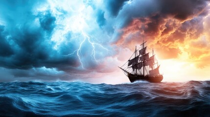 Dramatic Sailing Ship in Stormy Sea at Sunset