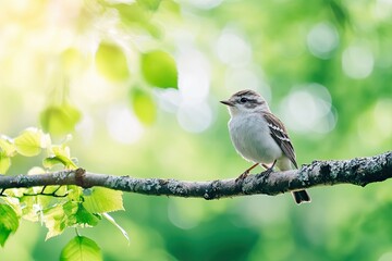 Obraz premium Song Thrush Perched on a Branch Surrounded by Vibrant Green Leaves During Spring