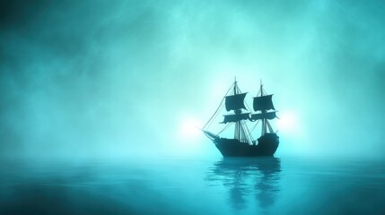 Fototapeta premium Mysterious Ship Silhouette in Foggy Waters