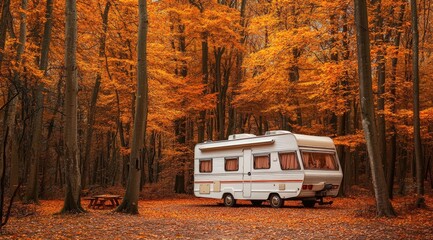 Travel trailer parked in forest wilderness nature in autumn or fall season outdoors. Summer campsite adventure with motorhome, RV caravan camper surrounded by orange and yellow tree leaves 