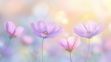 Fototapeta premium Soft pastel pink cosmos flowers bloom in a field, with blurred background of sunlit bokeh.