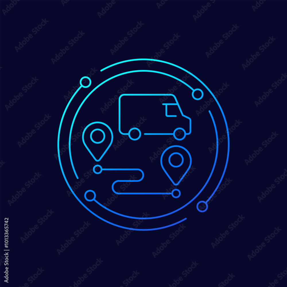 Sticker delivery service icon with a van, linear design