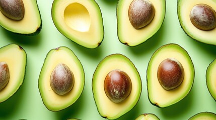 A flat lay of halved avocados on a green background.