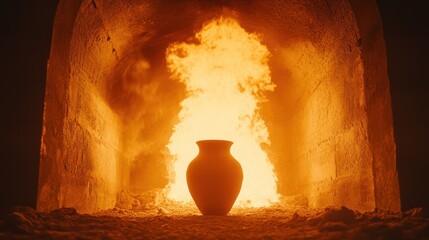 A clay pot sits in the mouth of a fiery kiln, bathed in orange light.