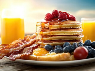 A towering stack of fluffy pancakes drizzled with syrup, topped with fresh raspberries and blueberries, accompanied by crispy bacon and refreshing orange juice.