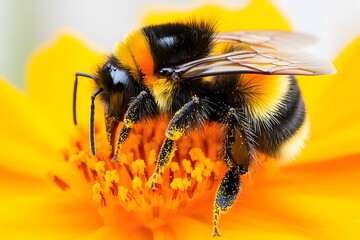 Close-up of a pollen-covered bumblebee on a flower with copy space. Soft natural light