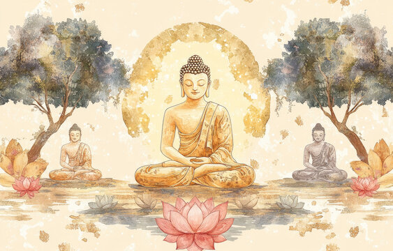 illustration of Buddha, with three deities sitting in lotus position behind him and one on his right side, all depicted within an elegant golden archway
