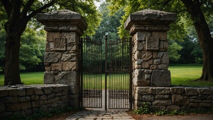 A serene stone gate captured from different perspectives.