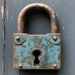 Rusty turquoise padlock with keyhole on weathered gray door