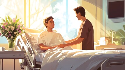 Obraz premium Patient Receiving Visit from Friend in Hospital Room