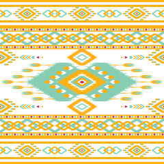 Bright and colorful Ikat pattern featuring teal, yellow, and pink geometric diamonds and tribal motifs on a white background. Ideal for fabric, home decor, and fashion with a modern tribal-inspired