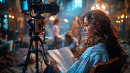 an actress sitting on a chair in a movie set, holding and reading a script in one hand.