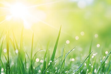 Obraz premium Close-up of sparkling dew on blades of grass with copy space. Bright sunrise light. Meadow background