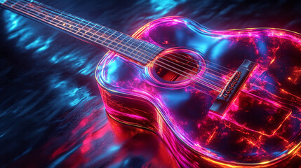 Obraz premium Acoustic guitar with vibrant, neon glow effect on a dark background representing the concept like rock and night club party, musical banner concept with copy space for text, logo, ad 
