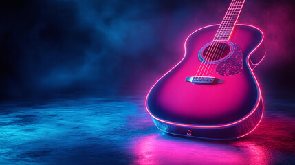 Acoustic guitar with vibrant, neon glow effect on a dark background representing the concept like rock and night club party, musical banner concept with copy space for text, logo, ad	