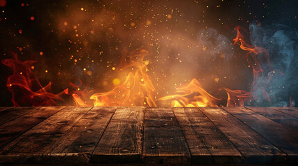 A plain wooden table with a fire burning on the edge. Flames, sparks, and smoke create a dark backdrop, perfect for showcasing product. Blank table.