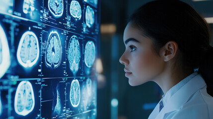 Female doctor analyzing brain scans