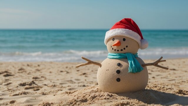 Charming sand snowman, wearing a Santa hat on a sunny tropical beach, summer Christmas cheer