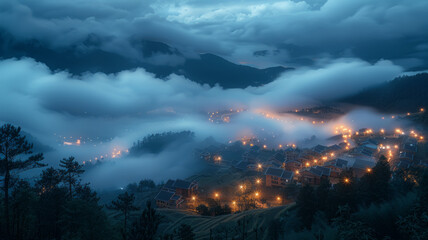 very thick and wavy sea of ​​clouds covers a village at night, the village light and the car trail light lighten the clouds and make the clouds glow. ,