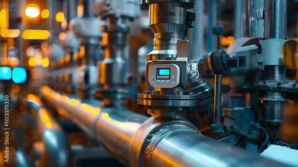 Poster close up of a pressure gauge measuring flow rate within an industrial pipeline system, showcasing th