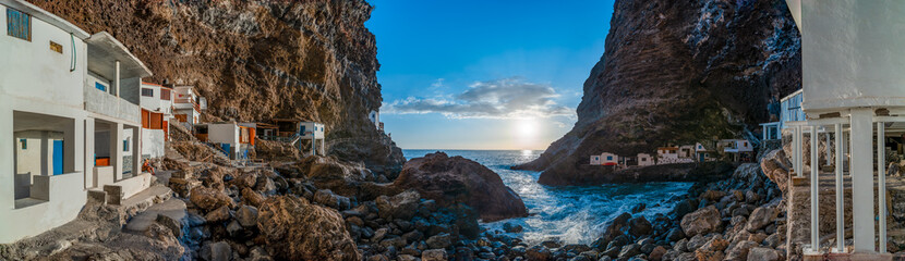 Porís de Candelaria. A village on a cliff overlooking the ocean at sunset. Island of La Palma. Spain