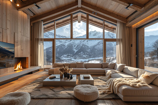 Cozy living room in the mountains, luxury wooden interior of chalet, fireplace in the room and panoramic mountain view