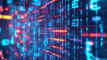 Fototapeta premium Abstract digital data stream with glowing binary code and vibrant colors.