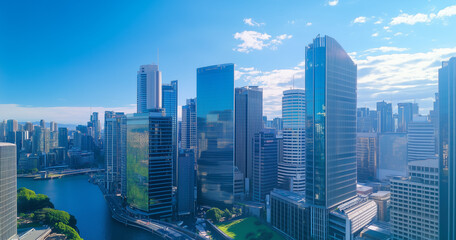 Obraz premium Aerial View of City Skyline and Skyscrapers Under Blue Sky and White Clouds